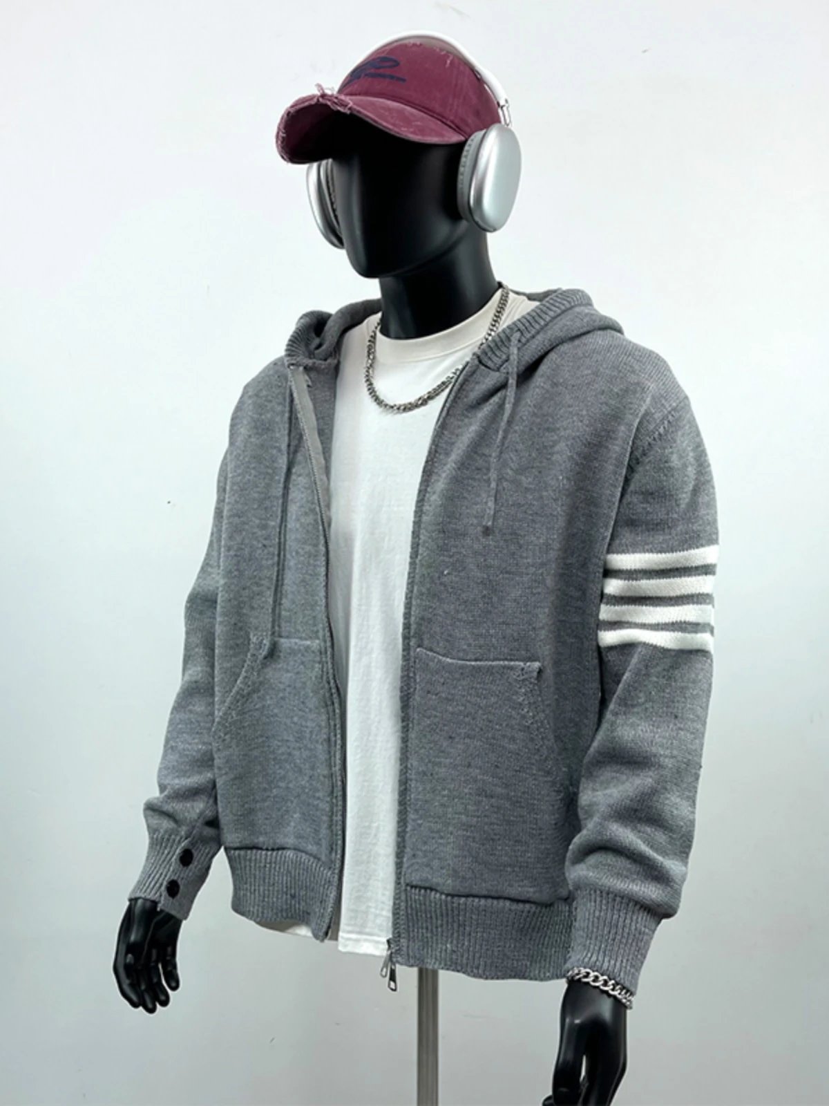 Gray Knit Hooded Sweater With Sailboat Motif And Striped Sleeves