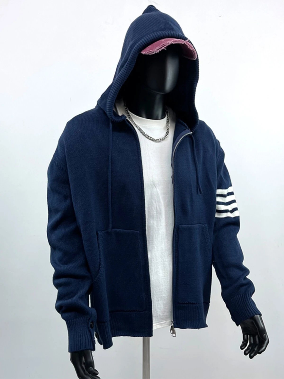 Gray Knit Hooded Sweater With Sailboat Motif And Striped Sleeves