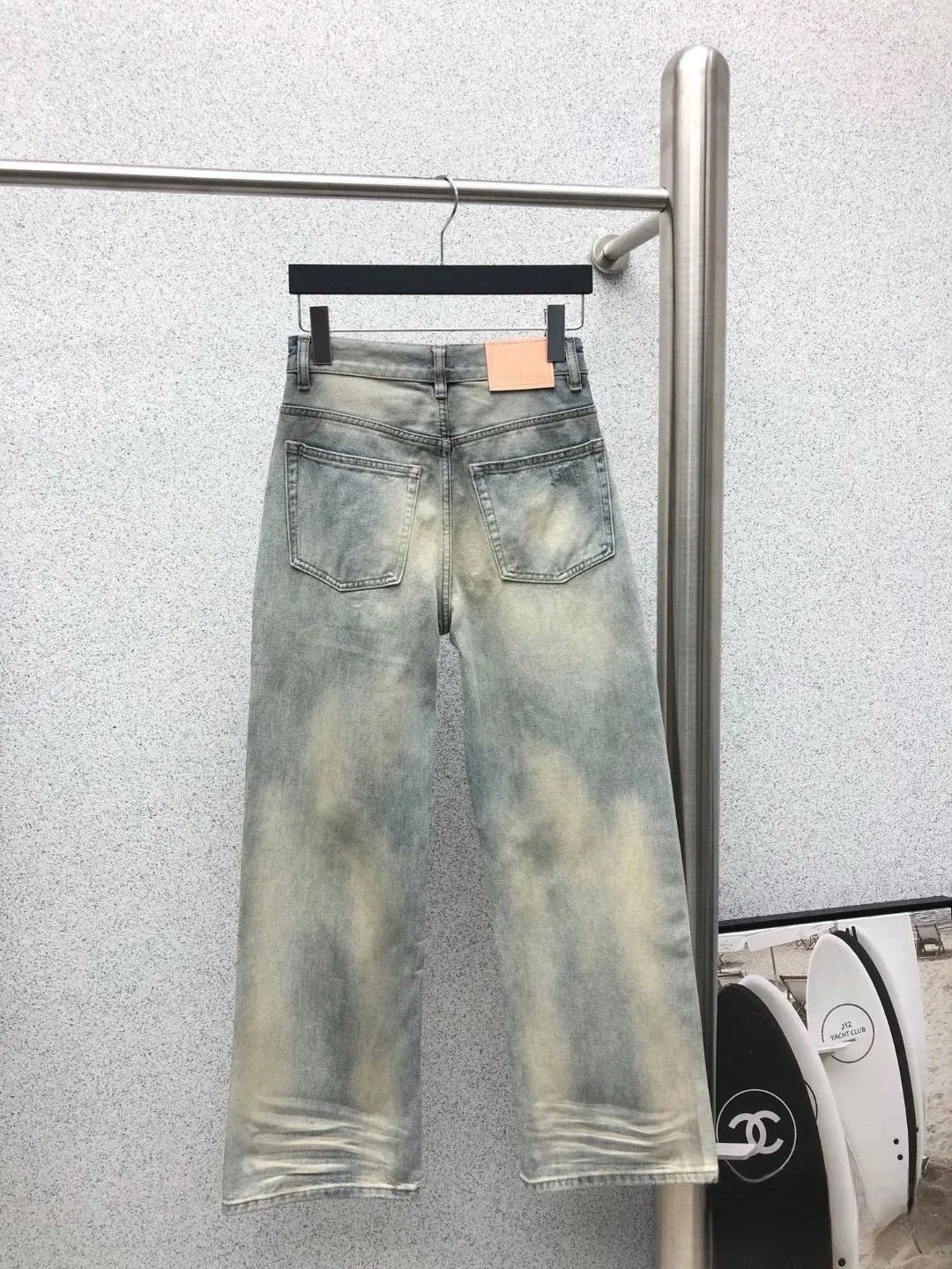 Beige Cropped Utility Jacket Light Wash Distressed Wide Leg Jeans