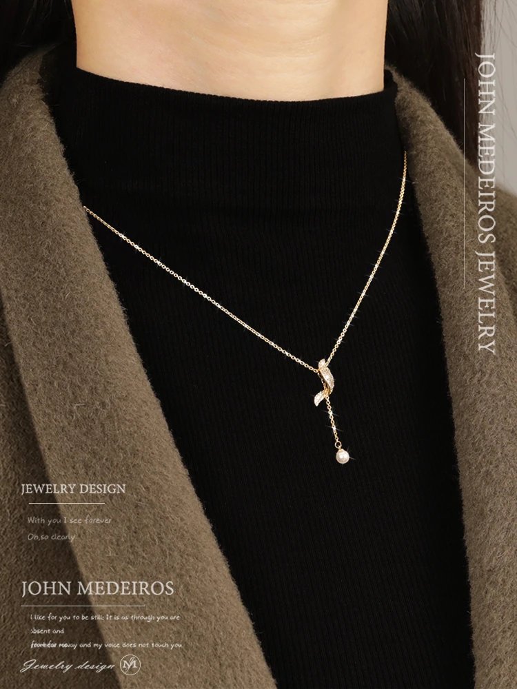 John Medeiros Leaf Pendant Gold White Pearl Elegant Necklace