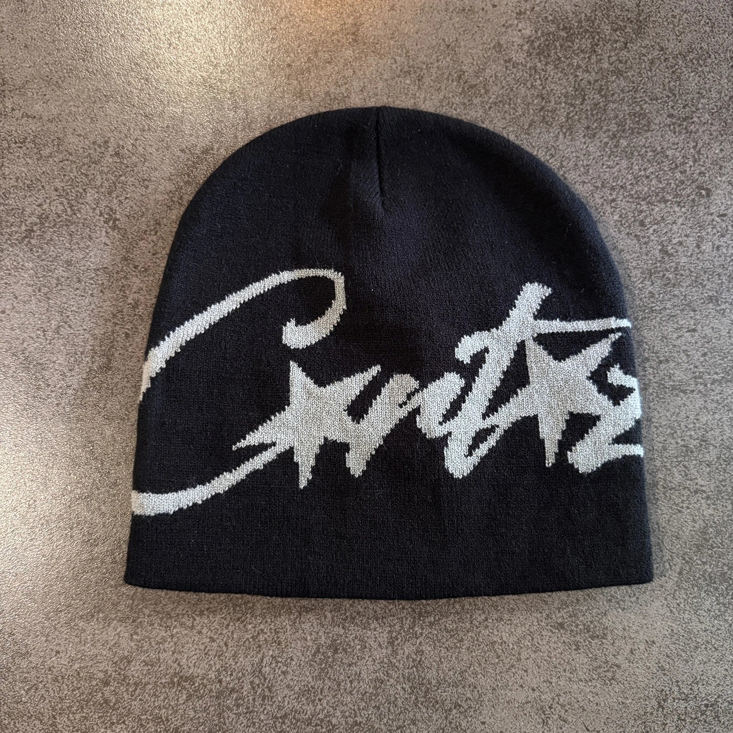 Black Knit Beanie White Graffiti Script Style
