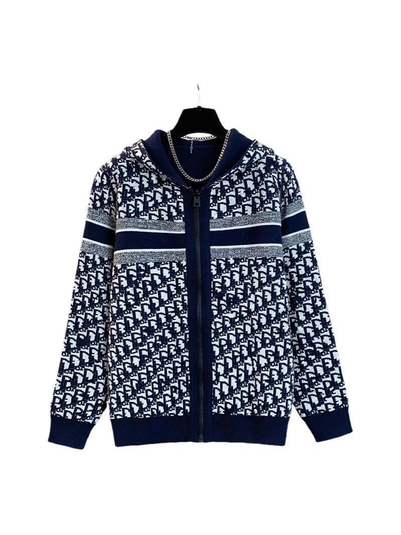 Knit Hooded Zip-Up Sweater Gray Monogram Pattern Casual