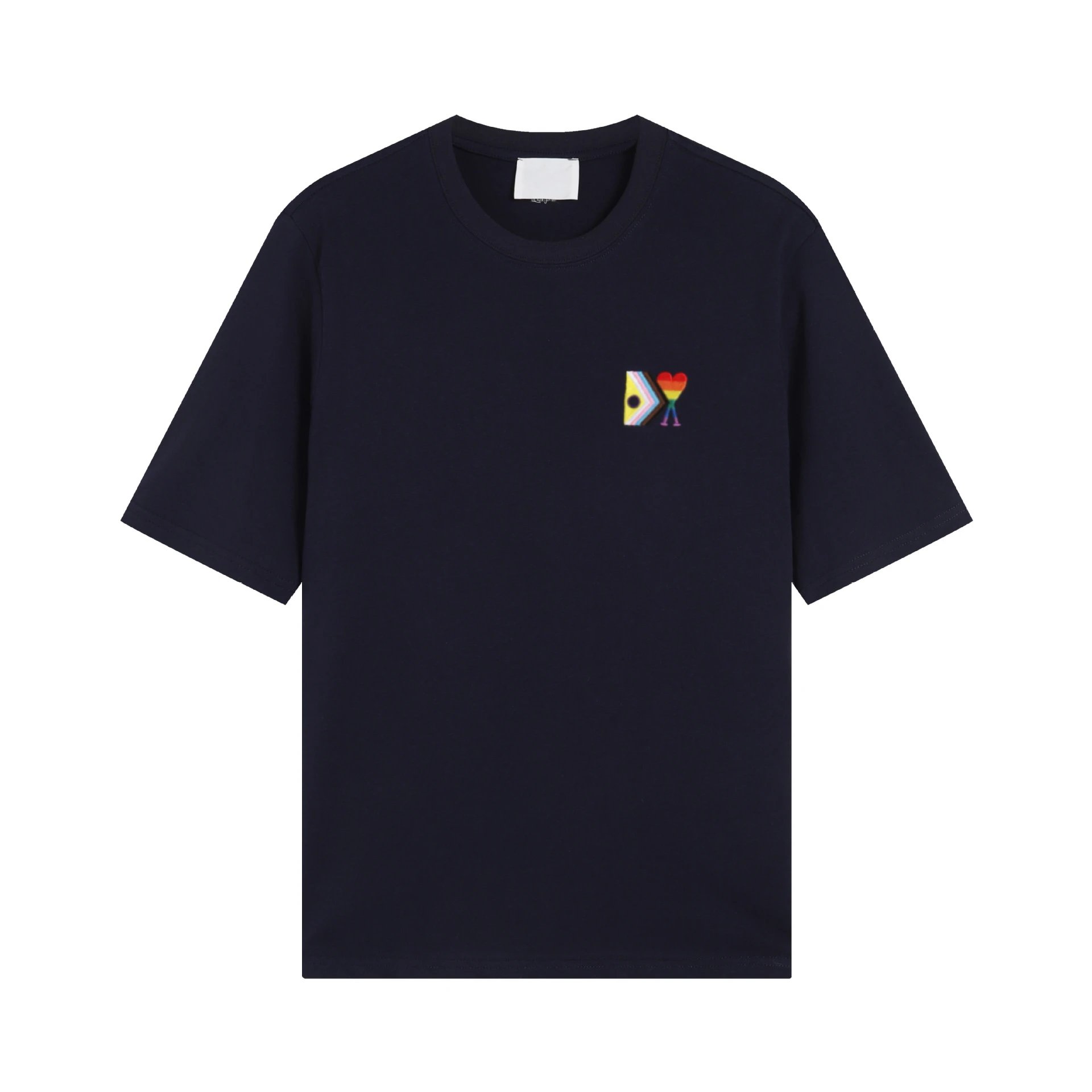 Cotton T-Shirt White Rainbow Heart Embroidery Graphic Tee