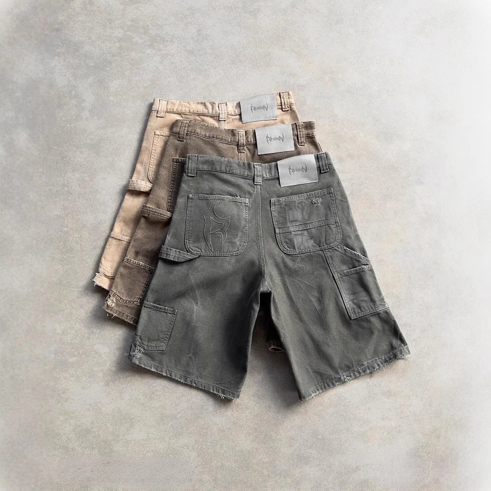 Canvas Workwear Shorts Beige Brown Grey Distressed Utility Shorts