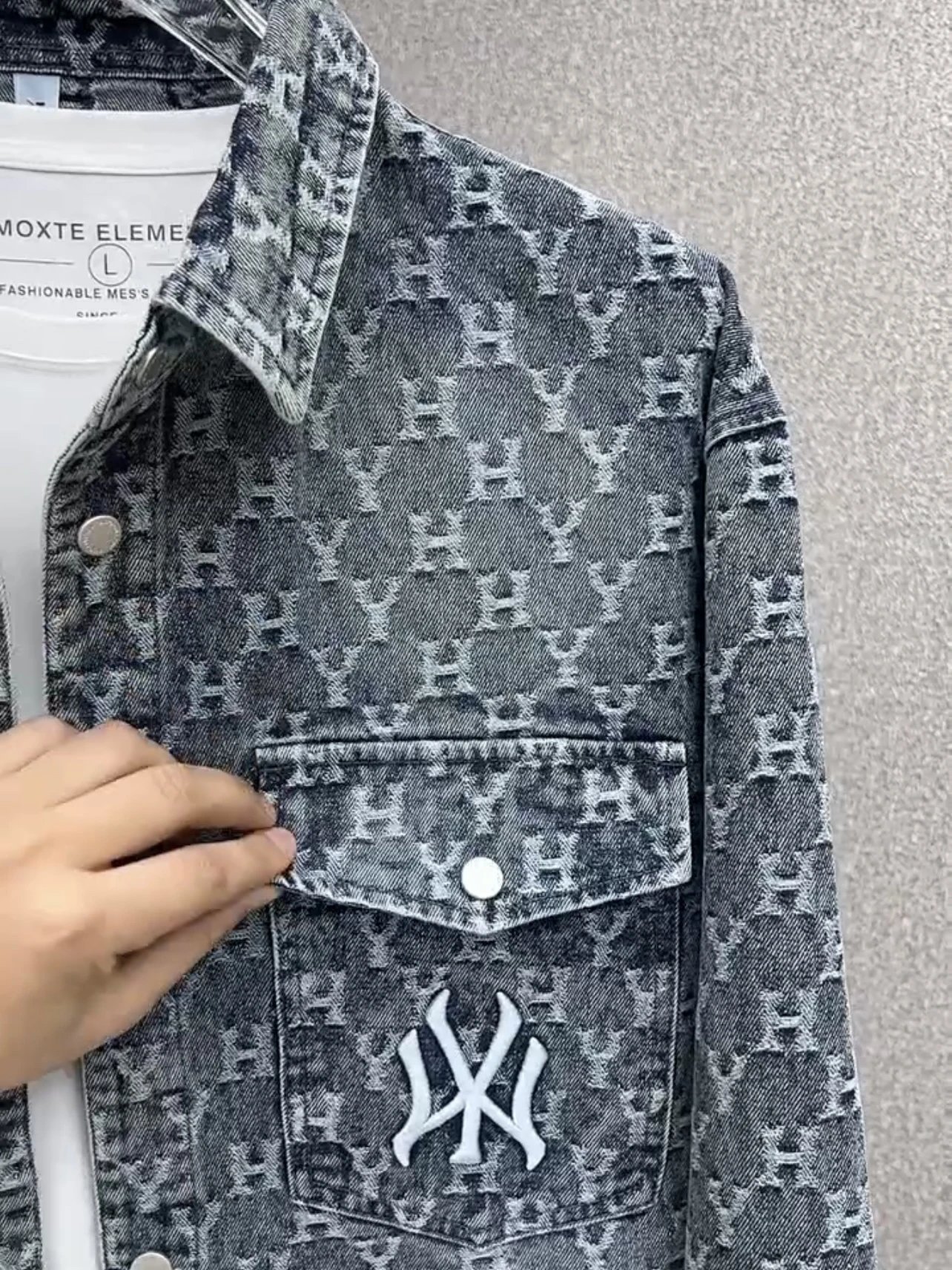 Denim Shirt Blue Washed Monogram Pattern NY Logo Casual Jacket