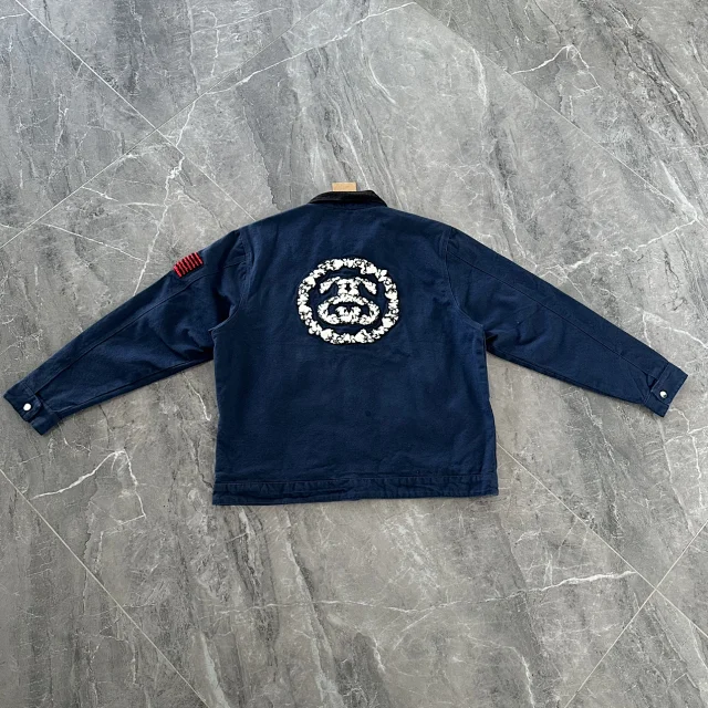 Navy Blue Zip-Up Jacket With Circular Logo And Flag Patch