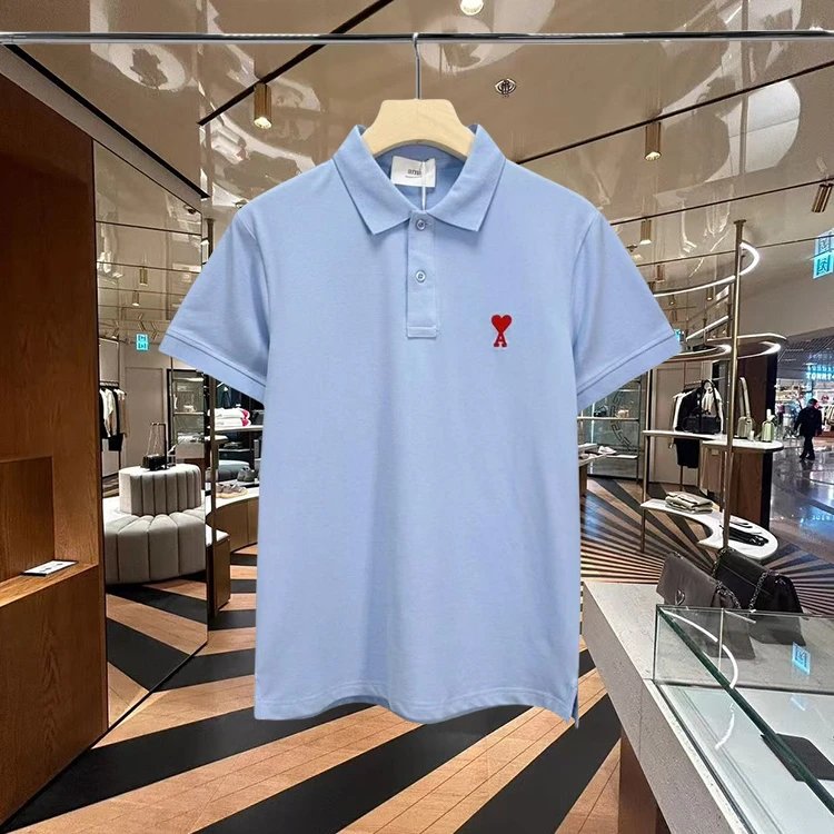 Ami Paris Navy Blue Heart Logo Classic Polo Shirt