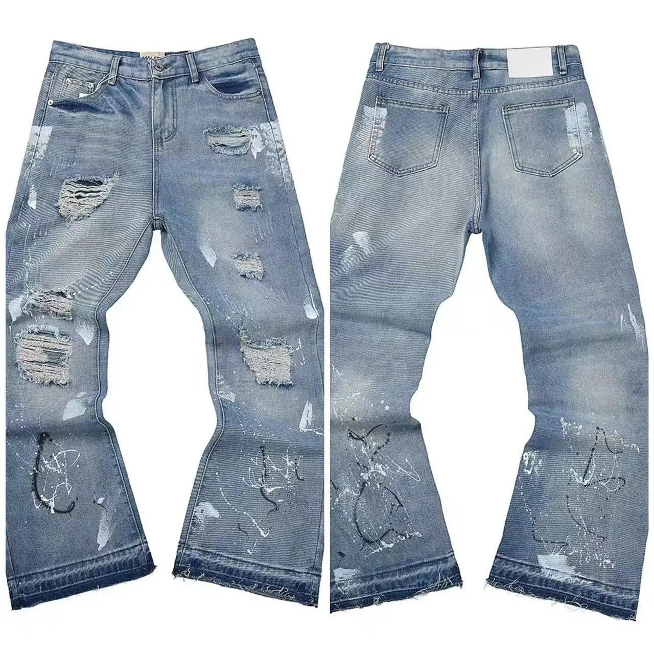 Black Paint-Splatter Distressed Cargo Jeans