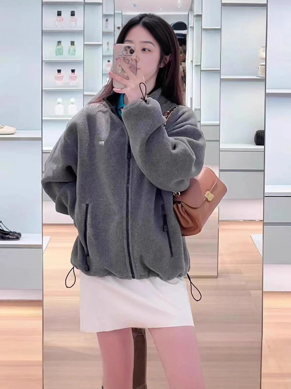 Miu Miu Logo Drawstring Hem Oversized Fleece Zip Jacket