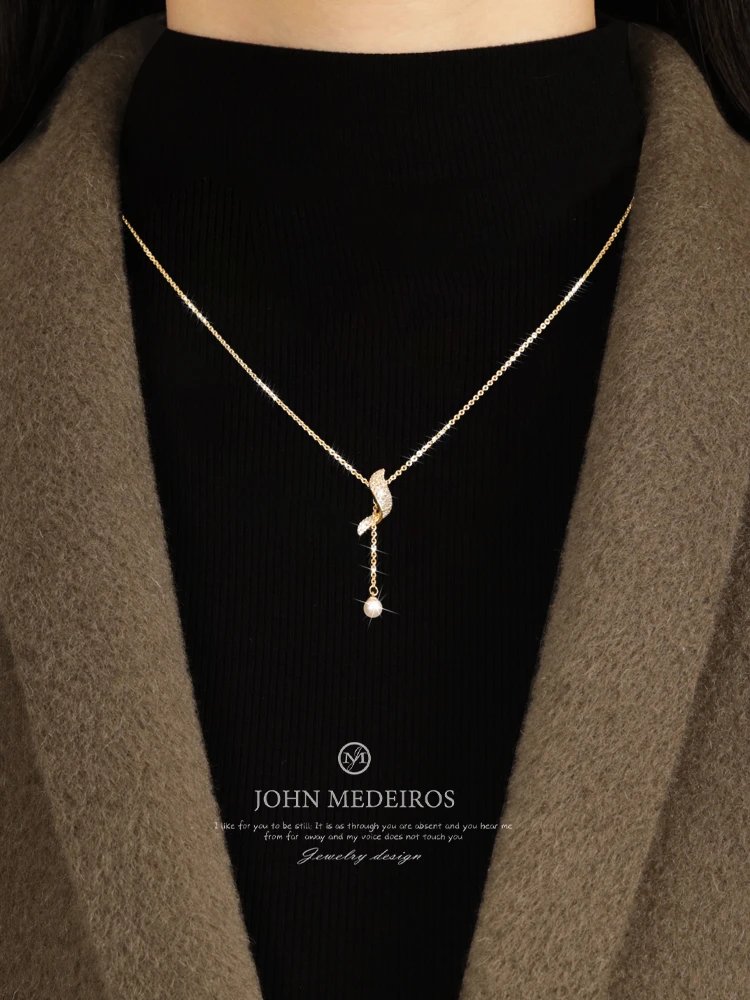 John Medeiros Leaf Pendant Gold White Pearl Elegant Necklace