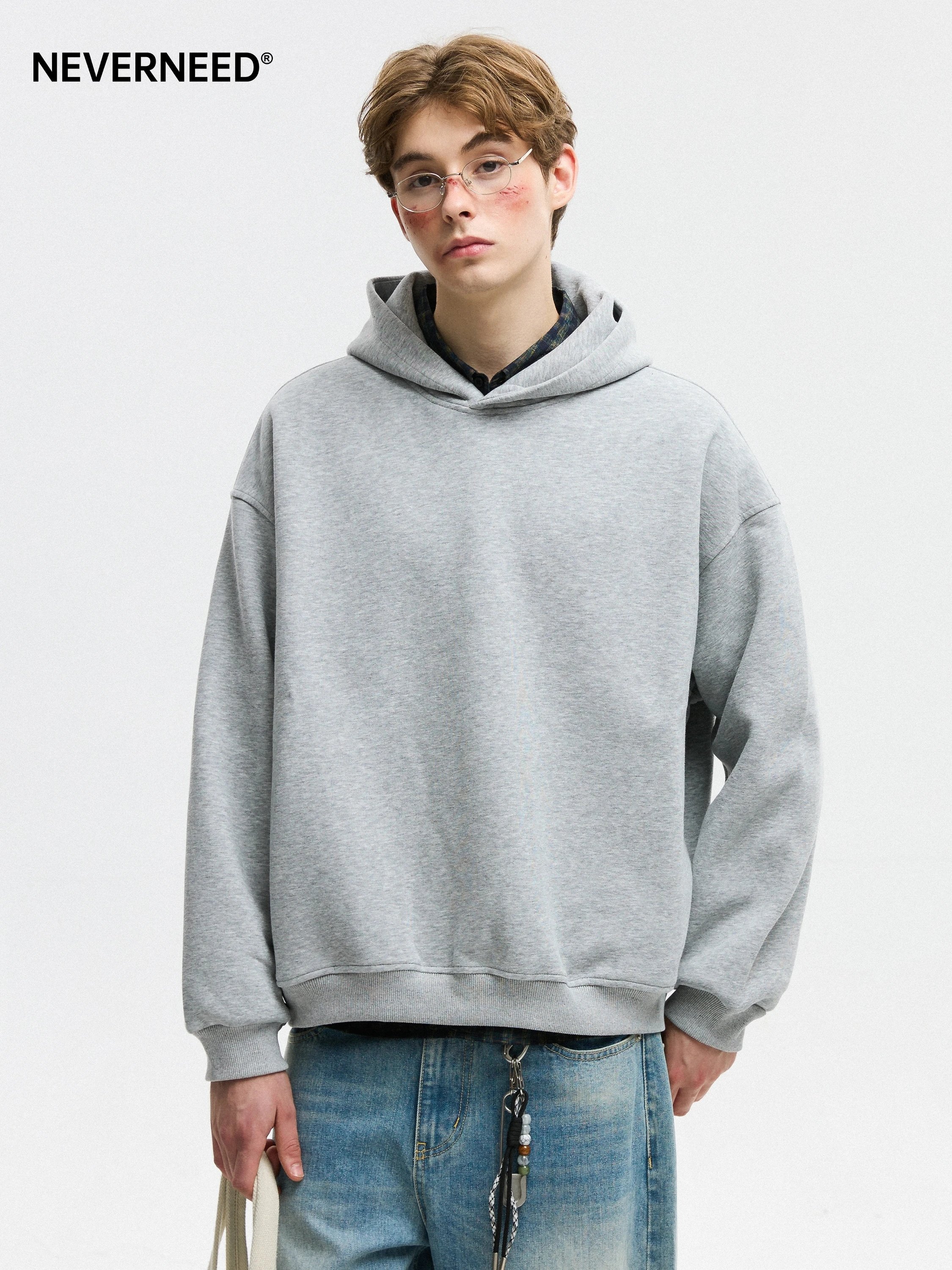 Men's short wide hooded sweatshirt American style solid color couple hoodie
