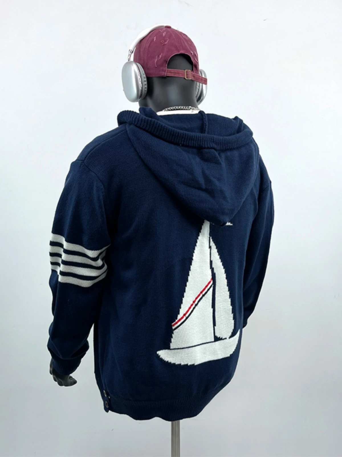 Gray Knit Hooded Sweater With Sailboat Motif And Striped Sleeves