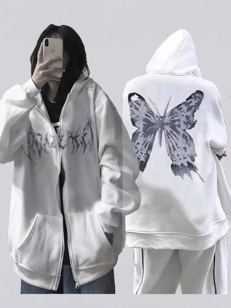 Black Graphic Hooded Zip-Up Jacket Gothic Streetwear