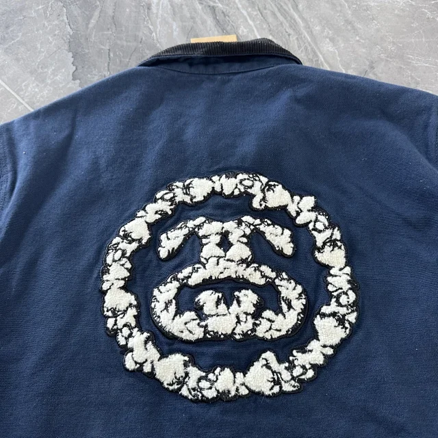 Navy Blue Zip-Up Jacket With Circular Logo And Flag Patch