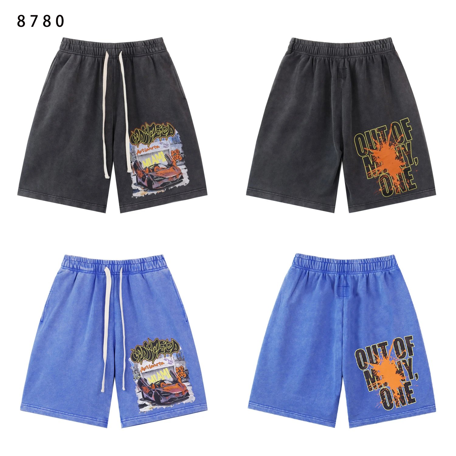 Racing Print Washed Distressed Shorts