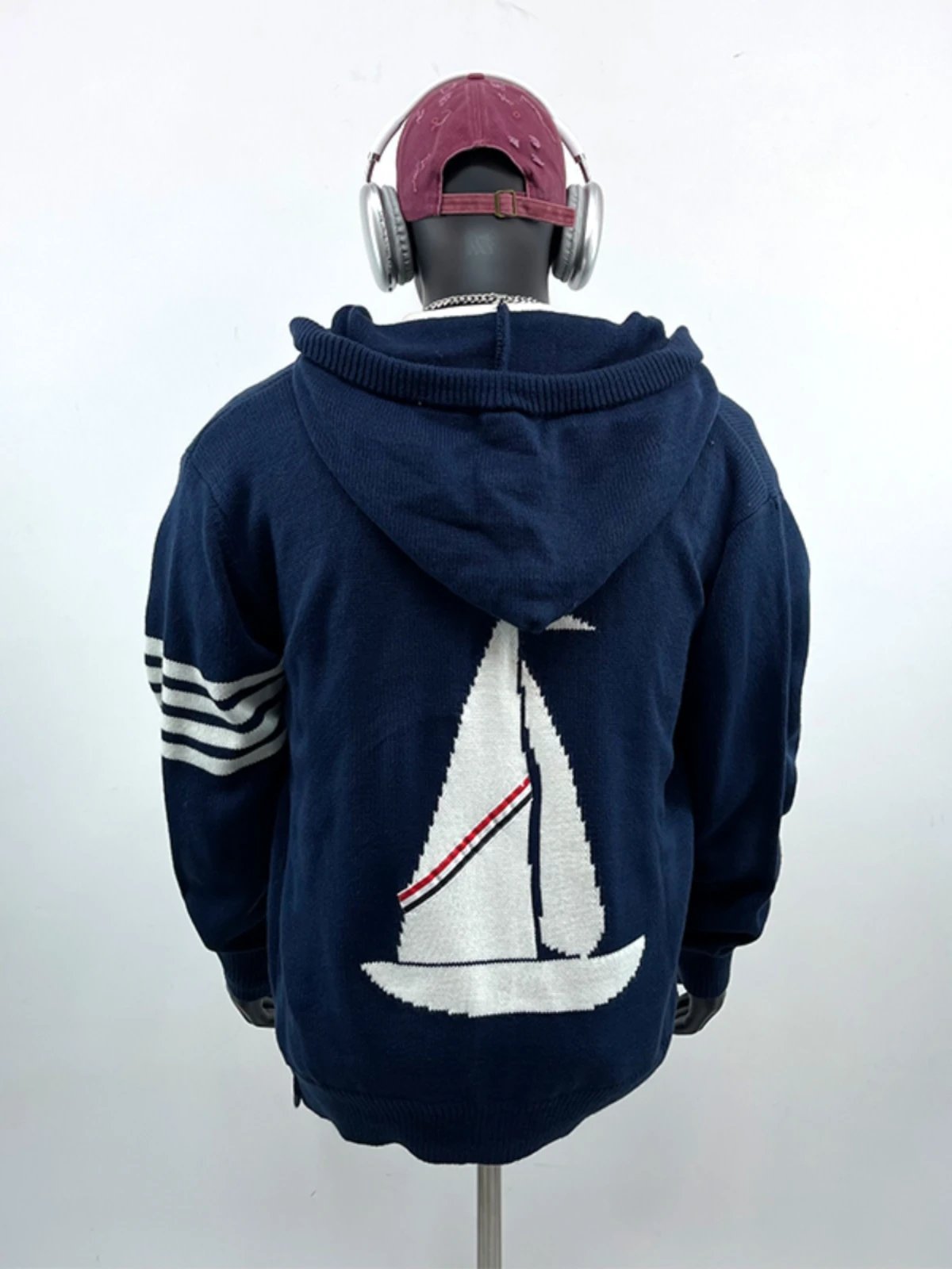 Gray Knit Hooded Sweater With Sailboat Motif And Striped Sleeves