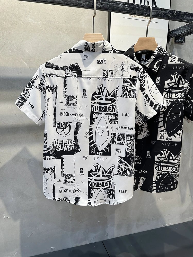 Graphic Print Short Sleeve Shirt White Urban Graffiti Style