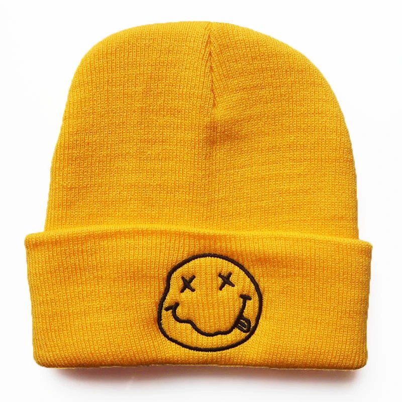 Black Knit Beanie with Gold Embroidered Smiley Face Casual