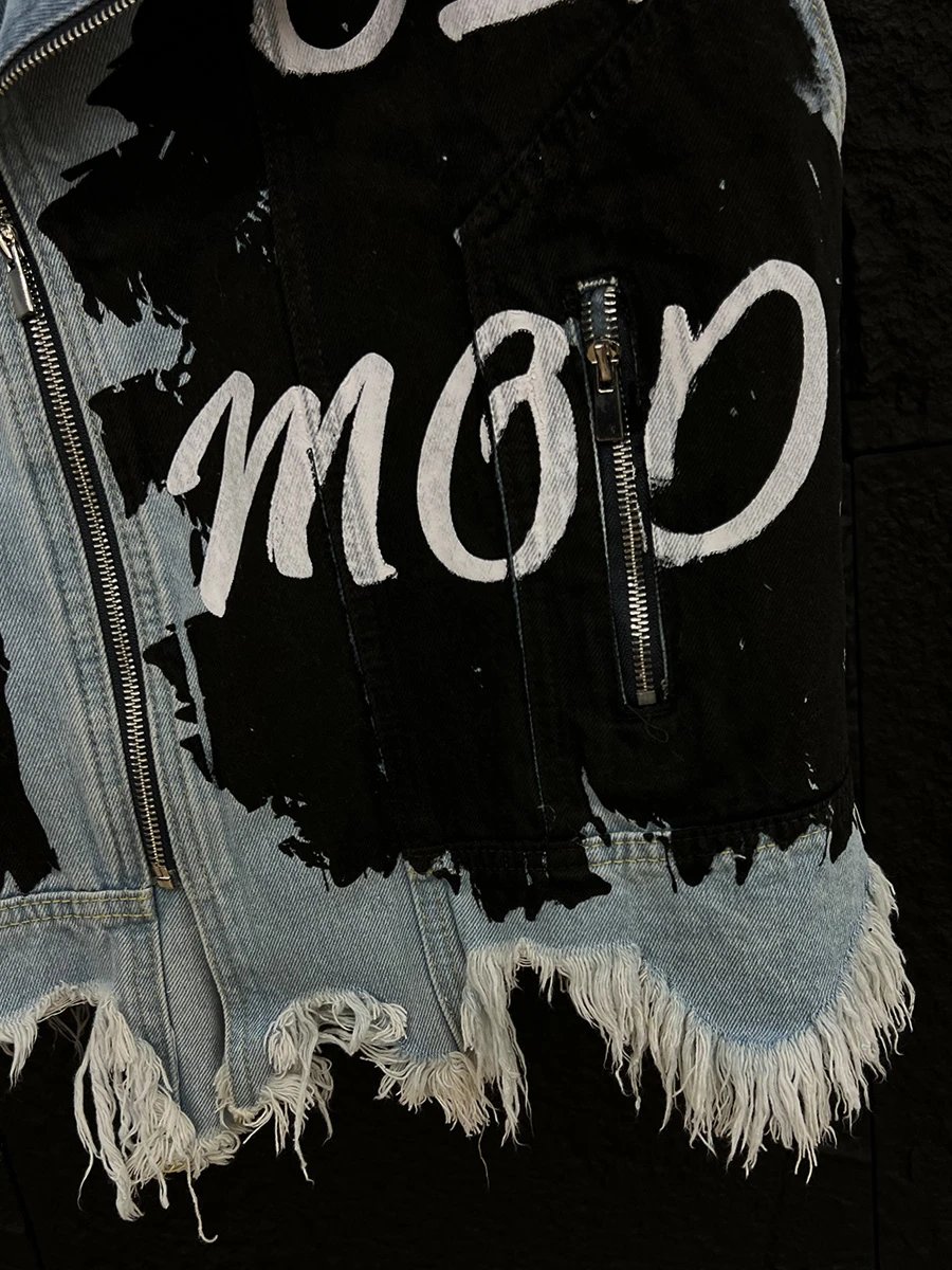 Denim Vest Black White Graffiti Distressed Biker Style