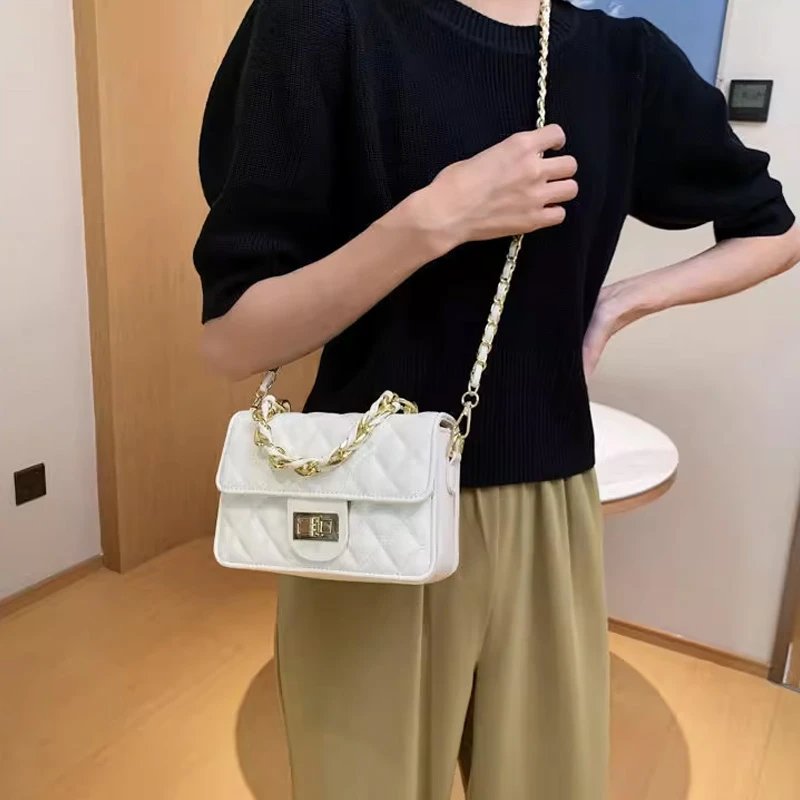 Quilted White Chain Strap Crossbody Bag