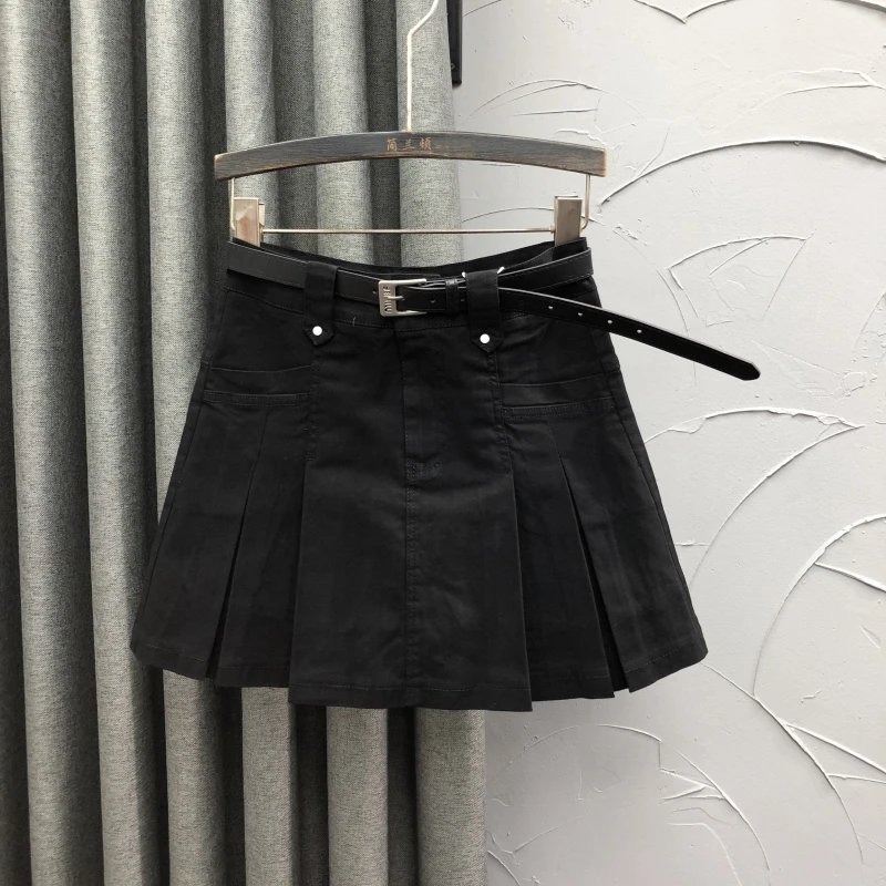 Cotton Pleated Brown A-Line Skirt with Belt