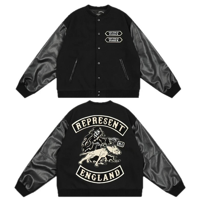 Represent England Black Embroidered Varsity Jacket
