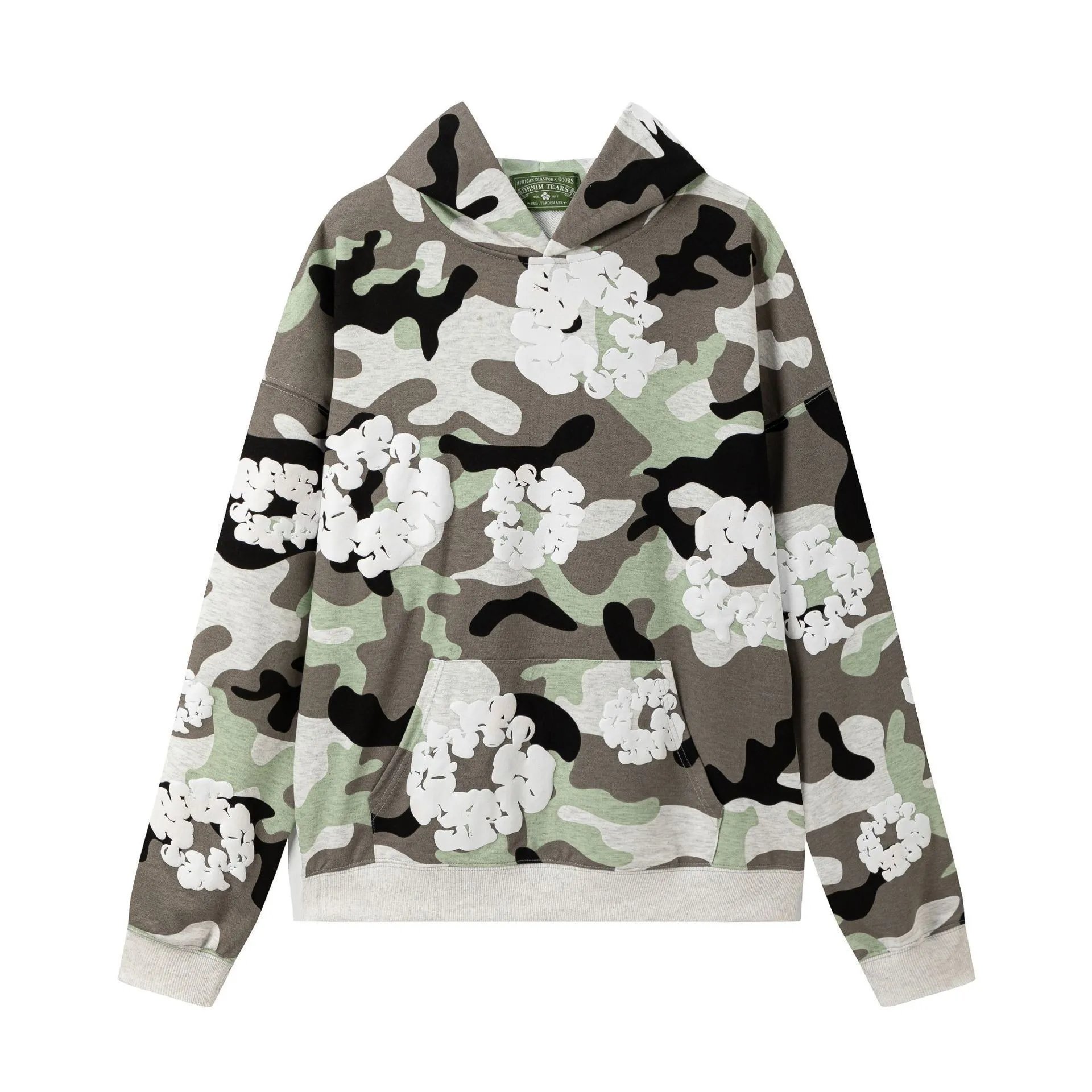 Blue Hooded Sweatshirt With White Abstract Floral Print Oversized Style