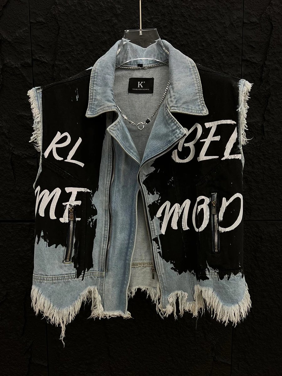Denim Vest Black White Graffiti Distressed Biker Style