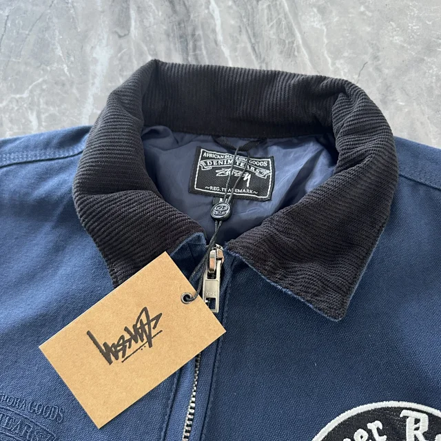 Navy Blue Zip-Up Jacket With Circular Logo And Flag Patch
