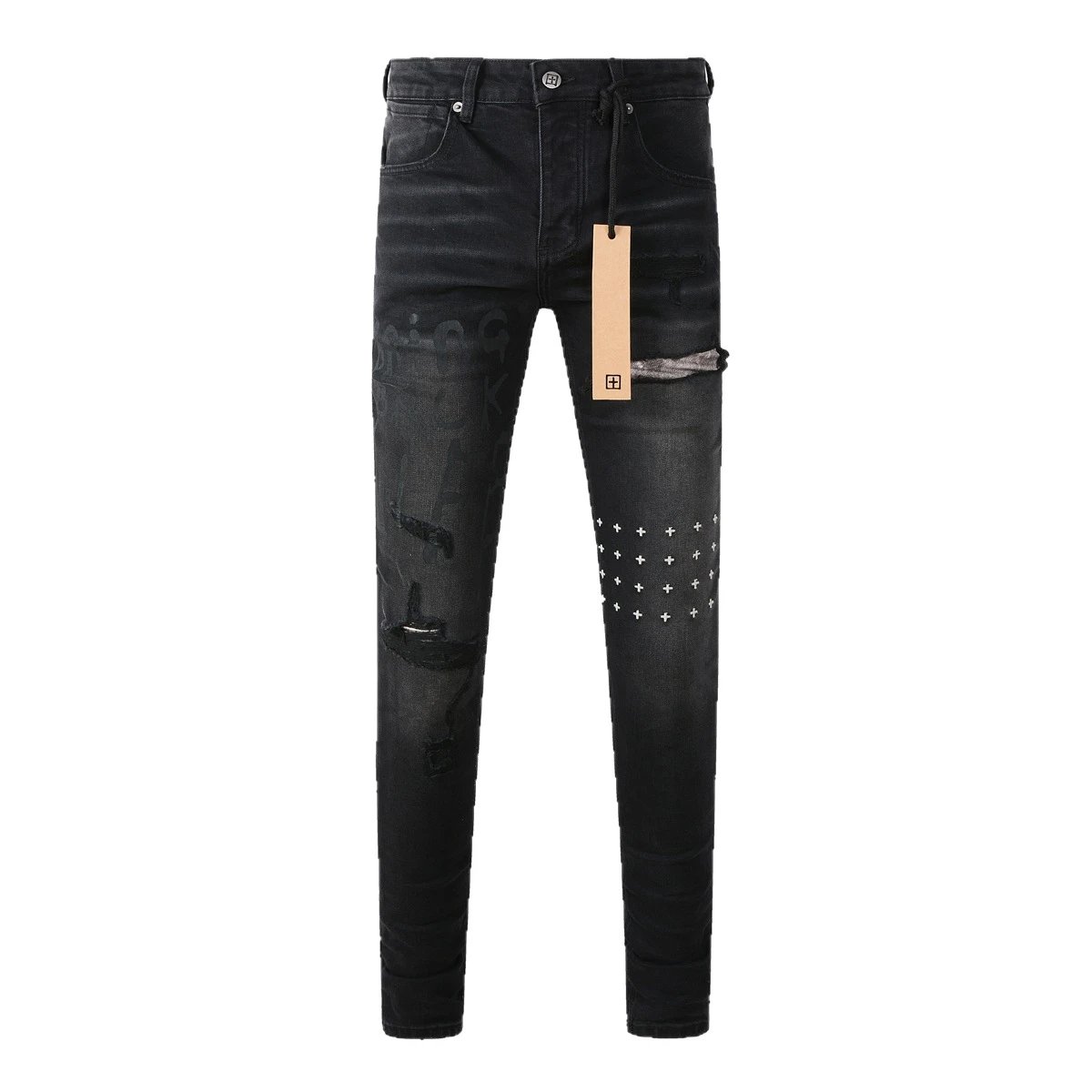 Black Distressed Denim Jeans With Cross Print And Graffiti Style
