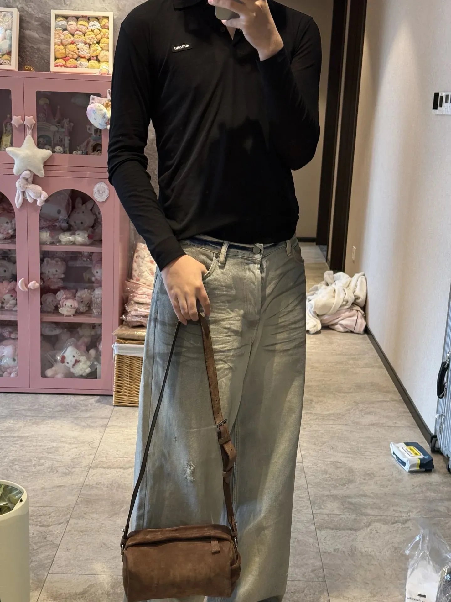 Beige Cropped Utility Jacket Light Wash Distressed Wide Leg Jeans