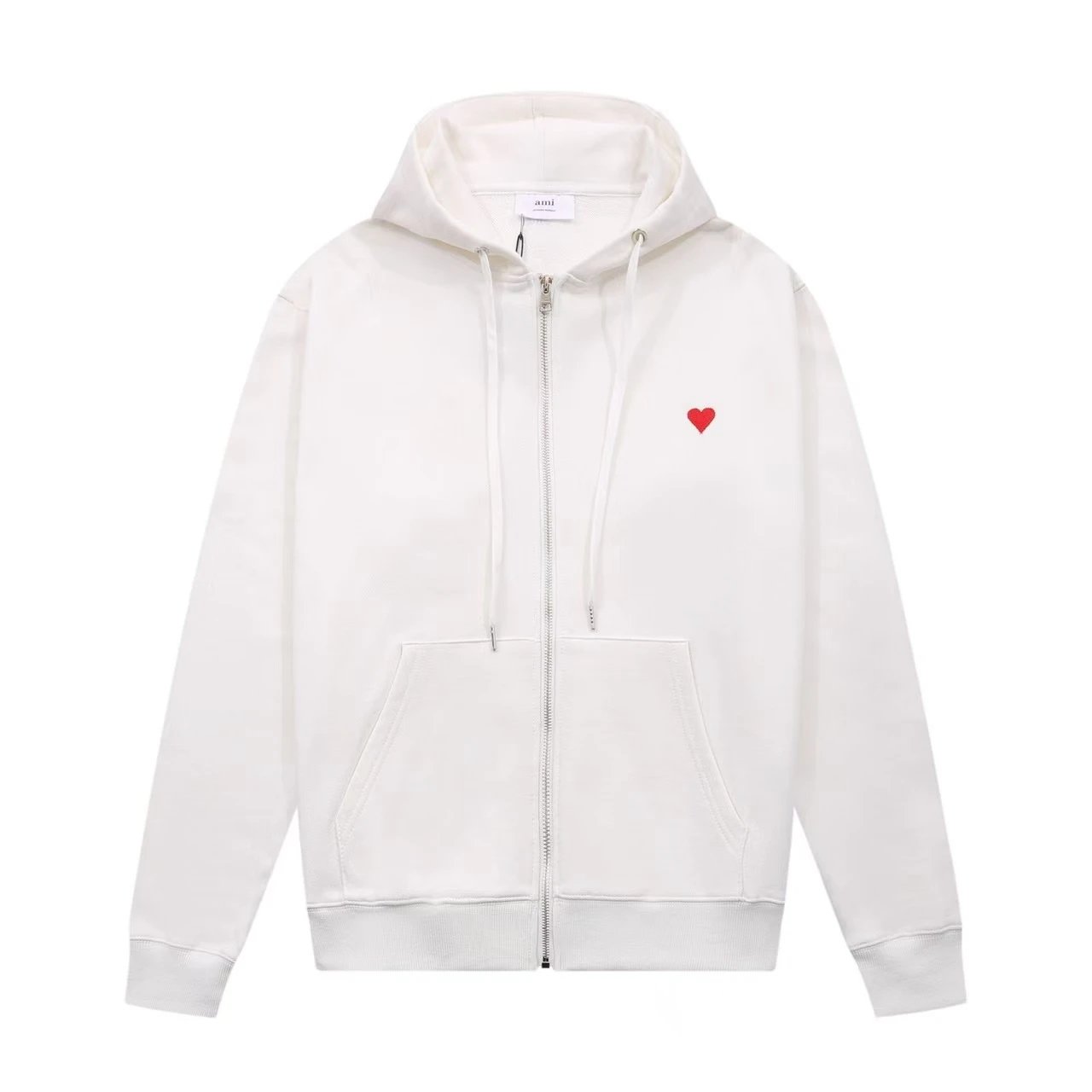 Ami Paris Heart Embroidered Hoodie Beige - 7