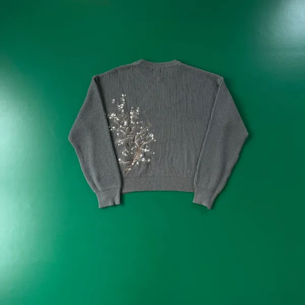 Design Ribbed Knit Sweater with Floral Embroidery Gray Sweater - 1
