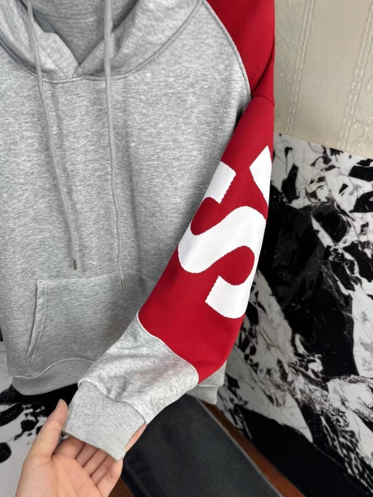 Supreme Logo Red Gray Colorblock Hooded Sweatshirt