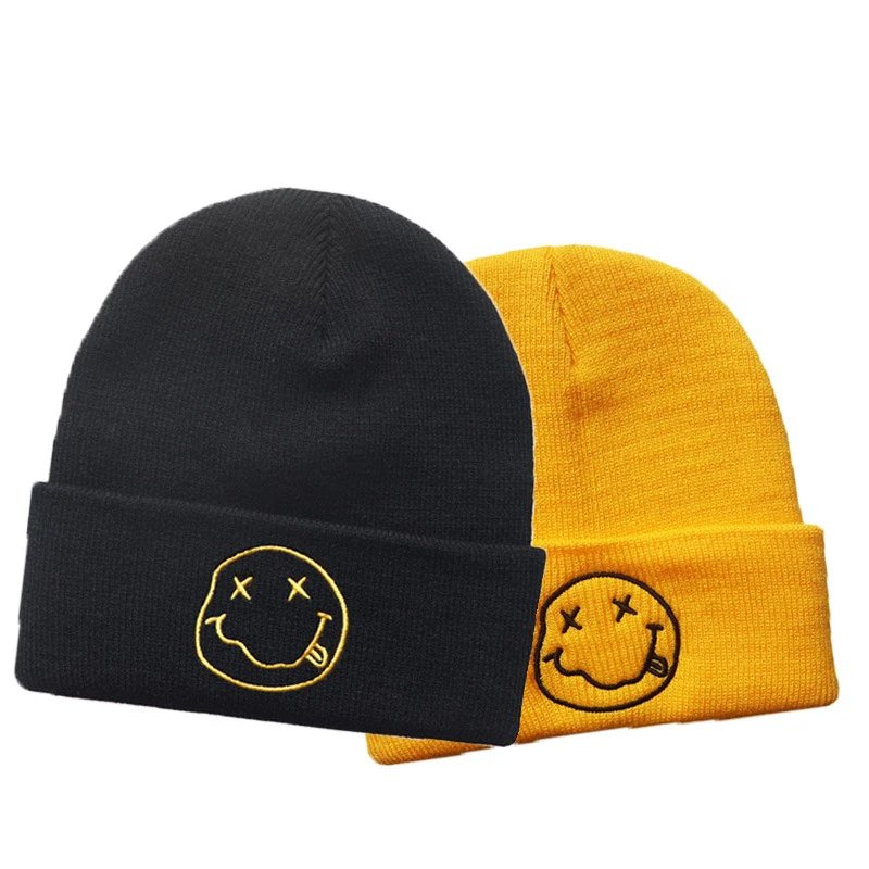 Black Knit Beanie with Gold Embroidered Smiley Face Casual