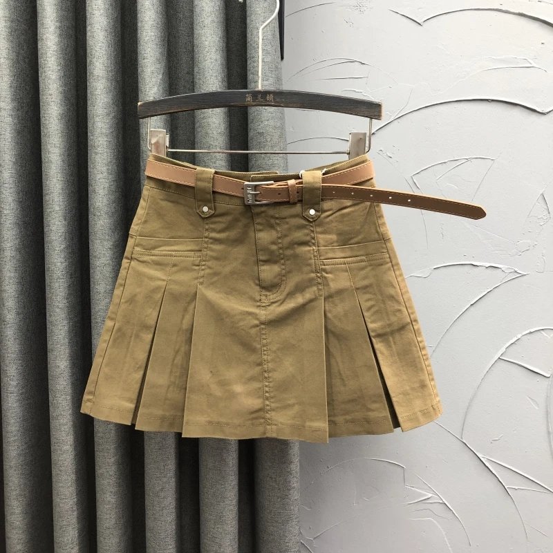 Cotton Pleated Brown A-Line Skirt with Belt