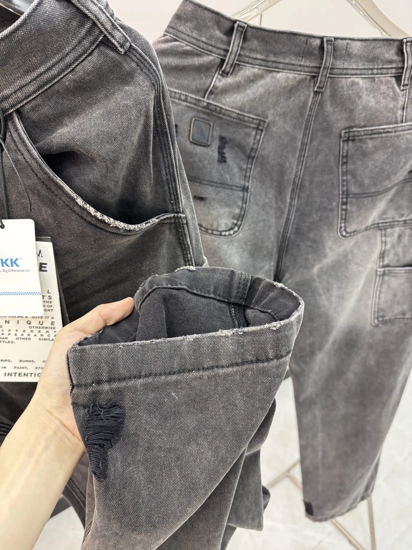 Distressed Gray Wide-Leg Cargo Denim Pants