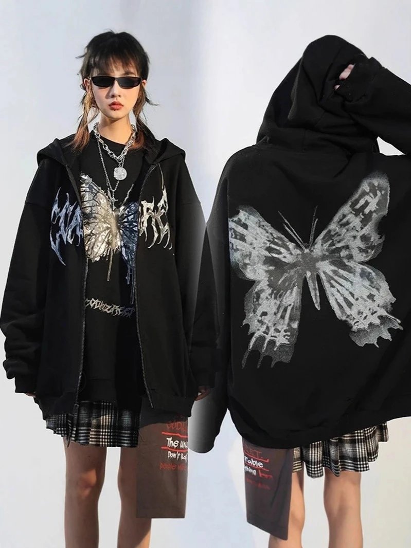 Black Graphic Hooded Zip-Up Jacket Gothic Streetwear