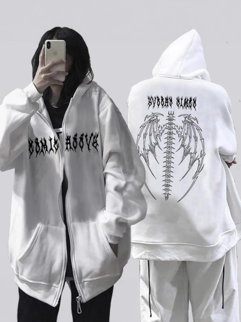 Black Graphic Hooded Zip-Up Jacket Gothic Streetwear