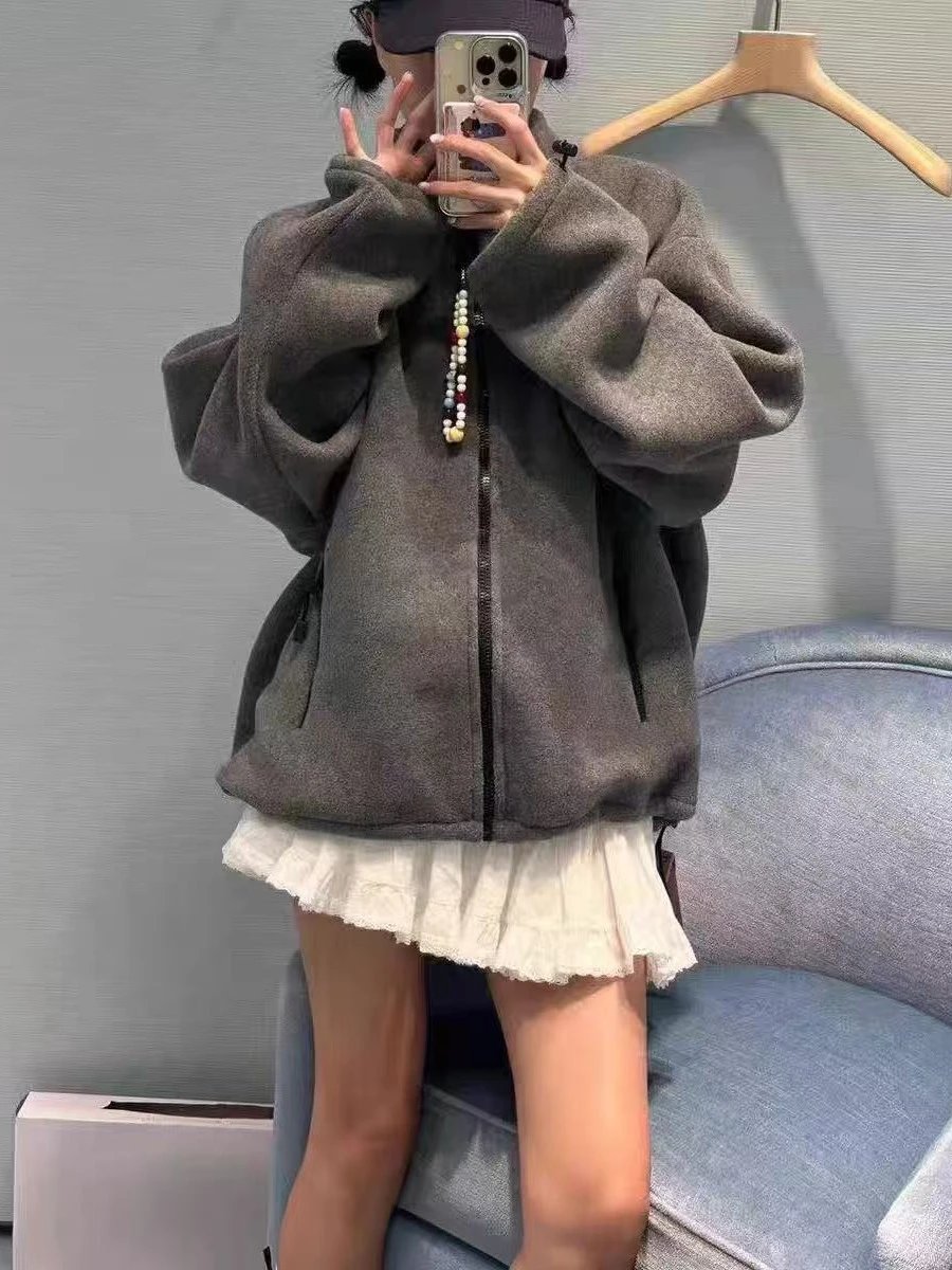 Fleece Zip-Up Jacket Gray Oversized Streetwear
