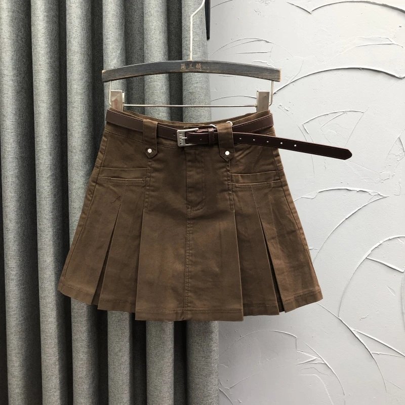 Brown High-Waist Denim Skirt Slim Pleated