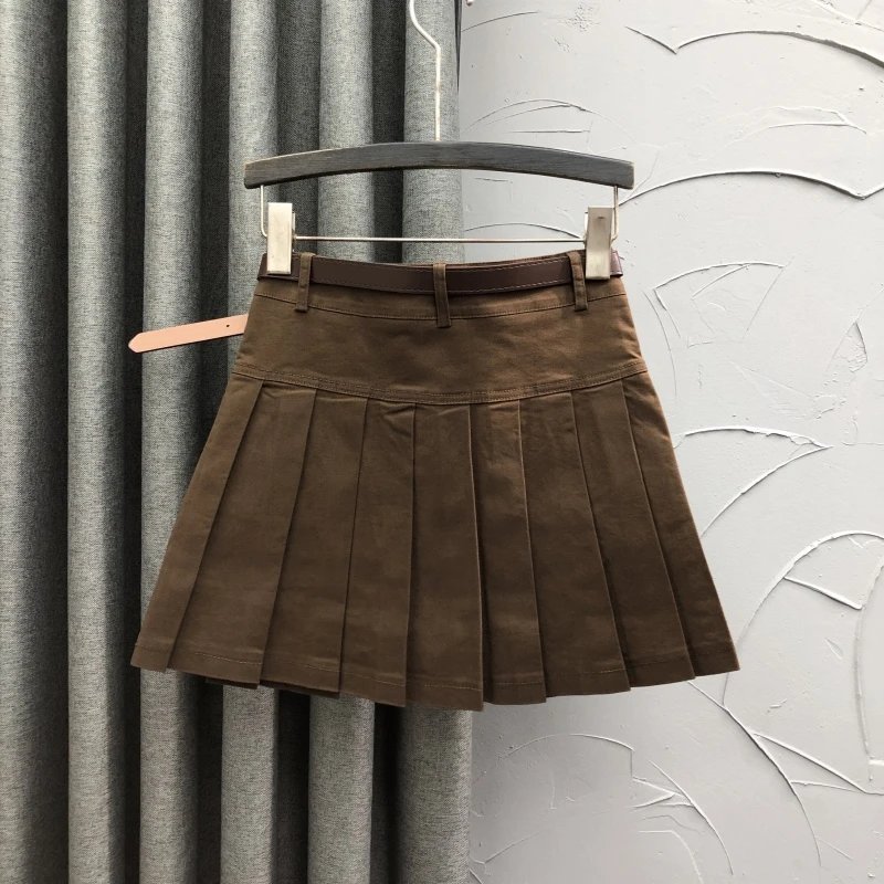 Cotton Pleated Brown A-Line Skirt with Belt