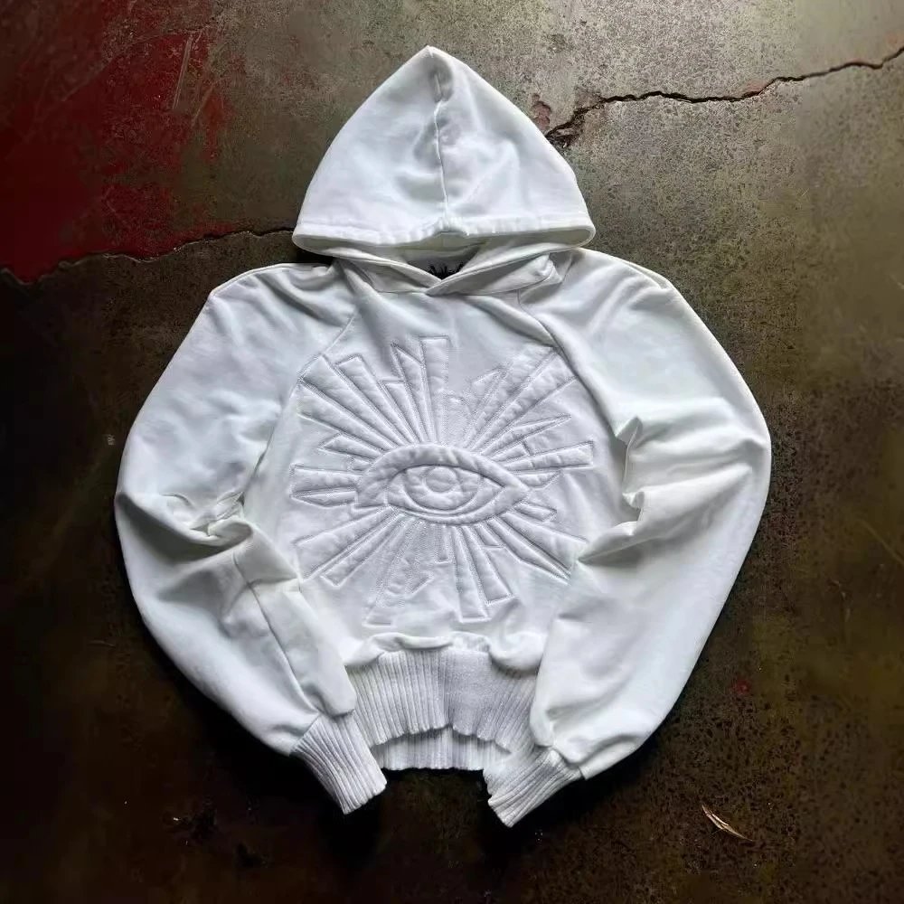 White Embroidered Eye Motif Cropped Hoodie