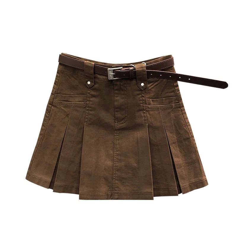 Cotton Pleated Brown A-Line Skirt with Belt