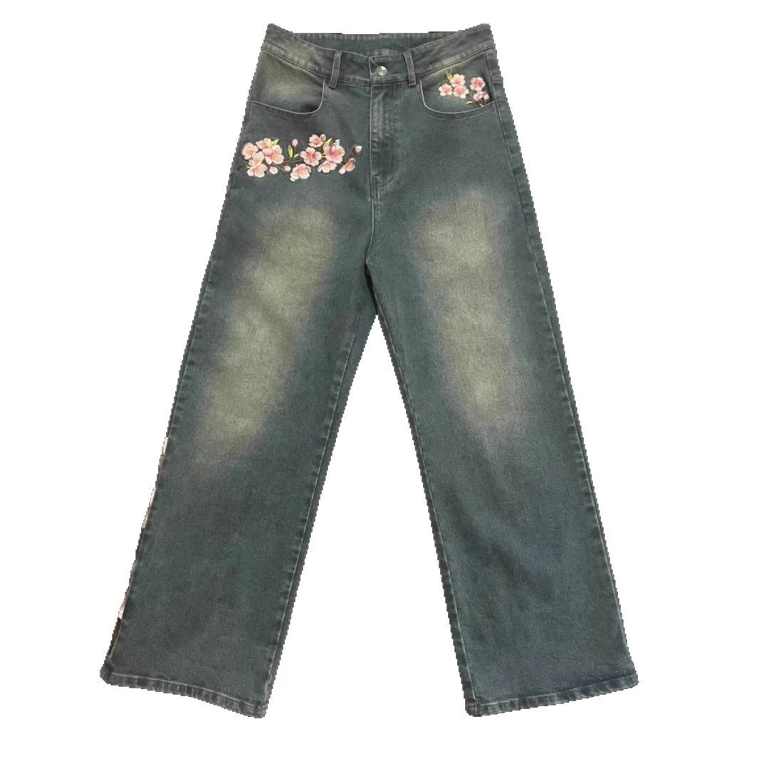 Denim Wide Leg Jeans Gray Floral Embroidered Casual