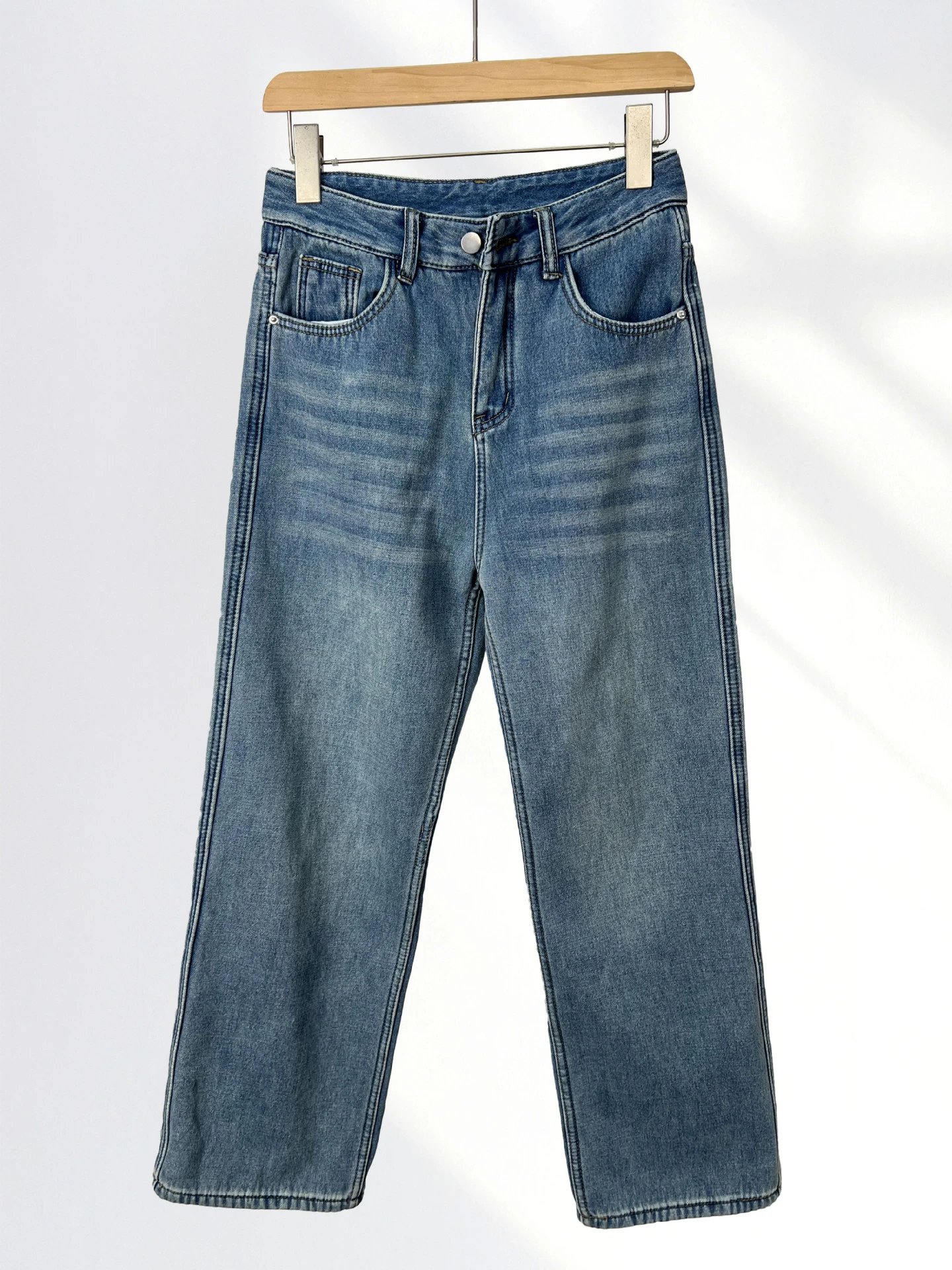 Denim Straight Leg Light Blue Fleece Lined Jeans