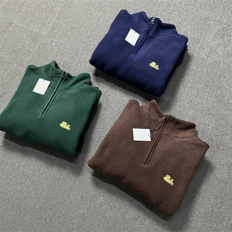 Fleece Quarter-Zip Pullover Navy Green Brown Casual Sweater