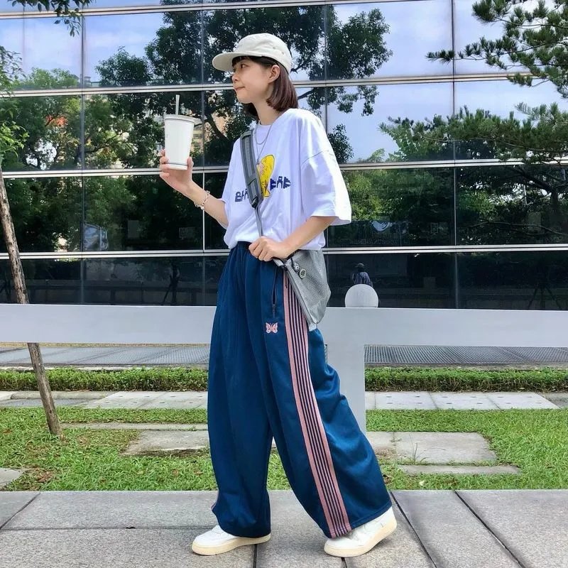 Black Wide Leg Track Pants With Green Stripes Streetwear