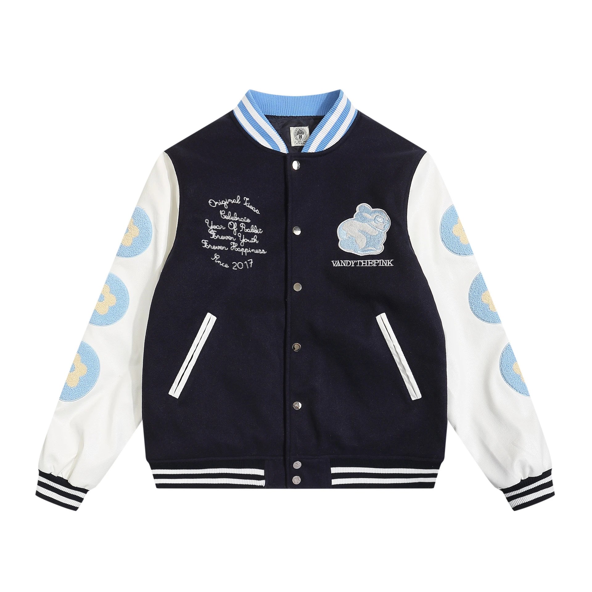 Candythepink Varsity Jacket Red White Embroidered Floral Sleeve Bomber