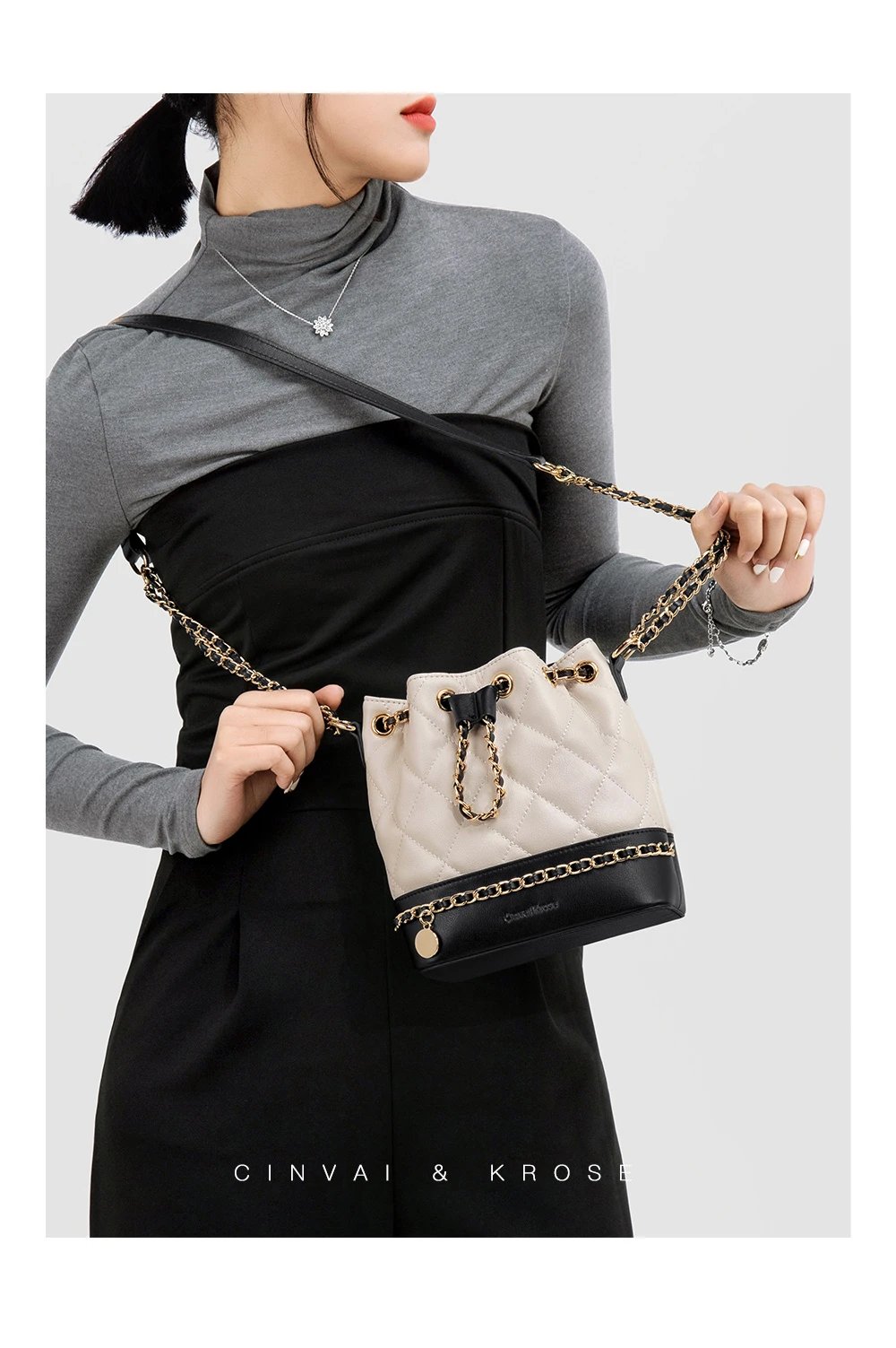 Cinvai &amp; Krose Quilted Beige Black Chain Strap Bucket Bag